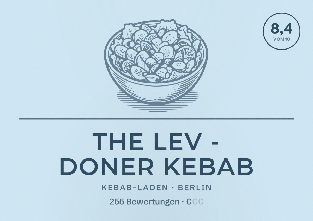 Illustriertes Poster von The Lev - Doner Kebab, Kebab-Laden in Berlin: Bewertung 8,4 von 10 aus 255 Bewertungen, Preisniveau €