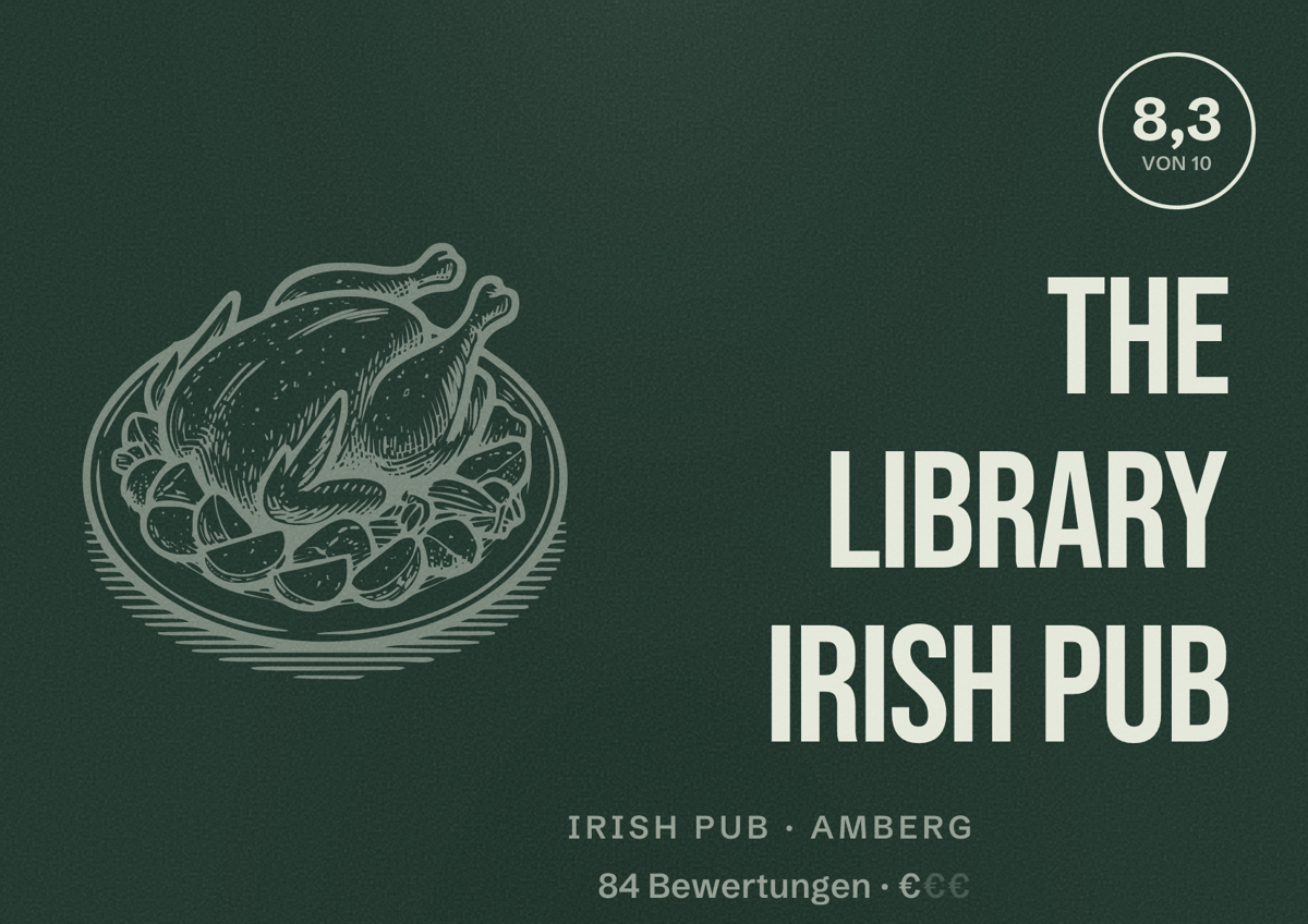 Illustriertes Poster von The Library Irish Pub, Irish Pub in Amberg: Bewertung 8,3 von 10 aus 84 Bewertungen, Preisniveau €