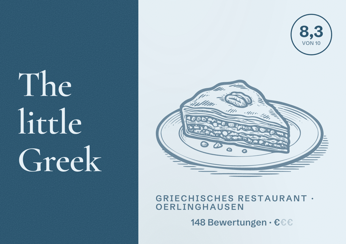 Illustriertes Poster von The little Greek, Griechisches Restaurant in Oerlinghausen: Bewertung 8,3 von 10 aus 148 Bewertungen, Preisniveau €