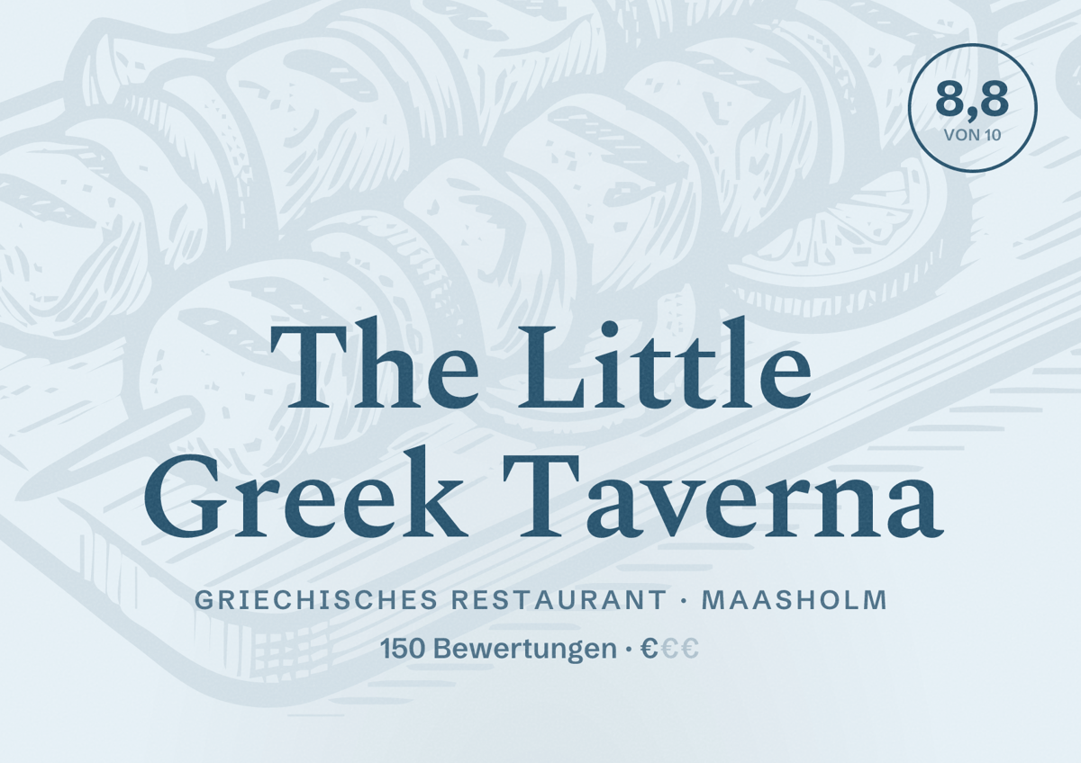 Illustriertes Poster von The Little Greek Taverna, Griechisches Restaurant in Maasholm: Bewertung 8,8 von 10 aus 150 Bewertungen, Preisniveau €