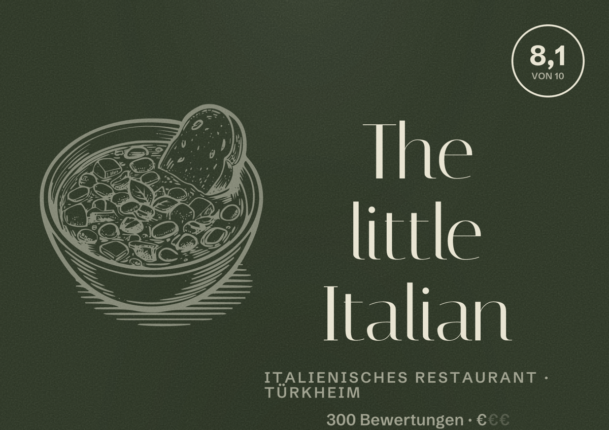 Illustriertes Poster von The little Italian, Italienisches Restaurant in Türkheim: Bewertung 8,1 von 10 aus 300 Bewertungen, Preisniveau €
