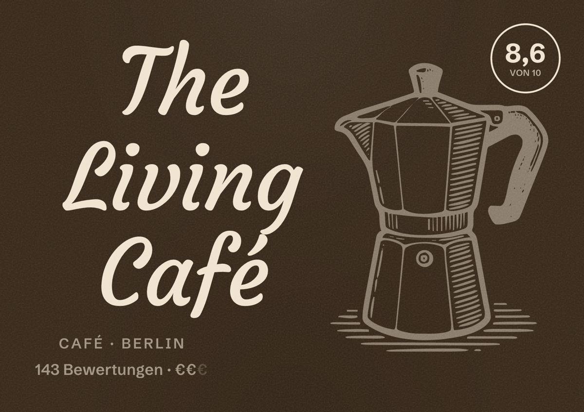 Illustriertes Poster von The Living Café, Café in Berlin: Bewertung 8,6 von 10 aus 143 Bewertungen, Preisniveau €€