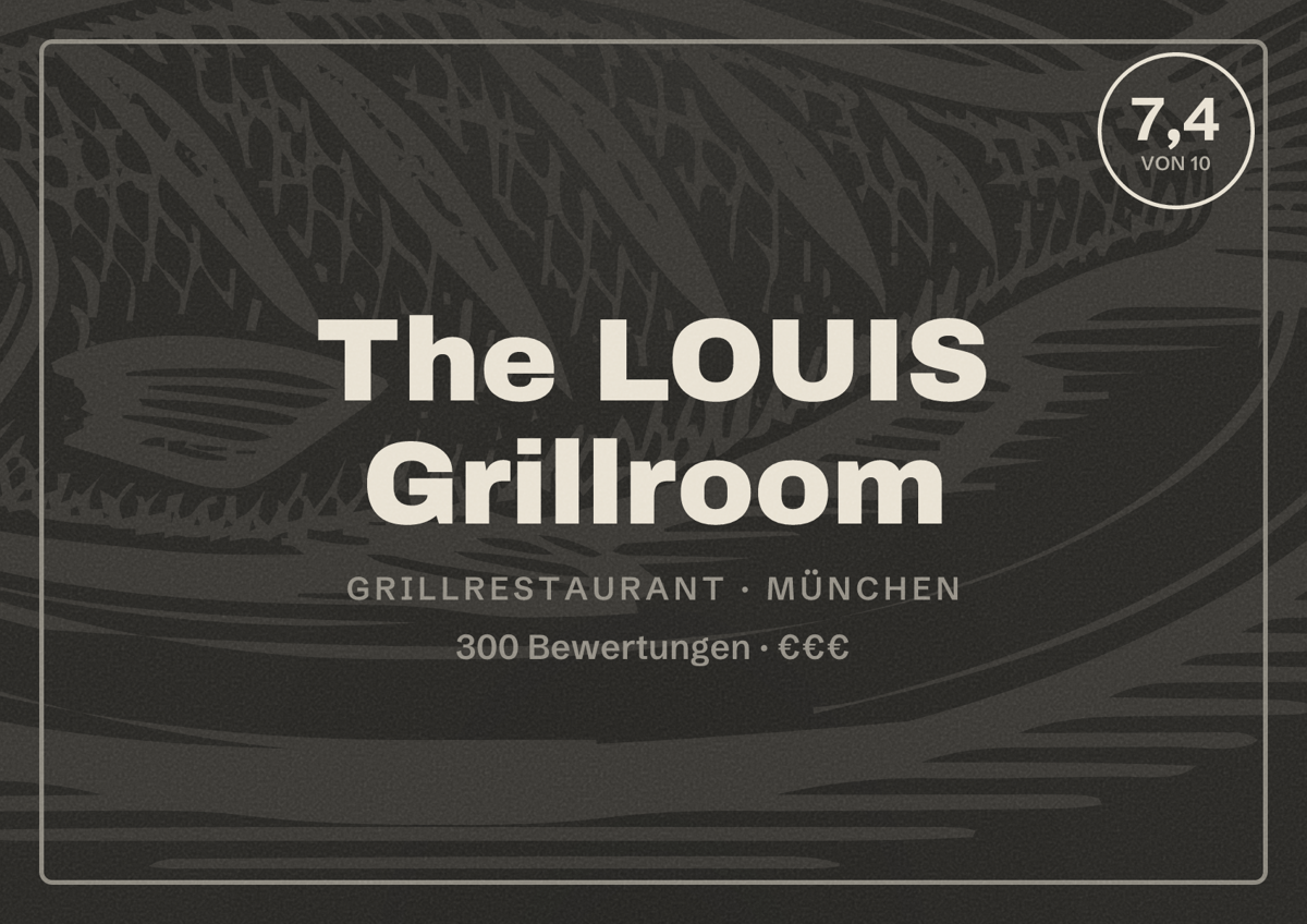 Illustriertes Poster von The LOUIS Grillroom, Grillrestaurant in München: Bewertung 7,4 von 10 aus 300 Bewertungen, Preisniveau €€€