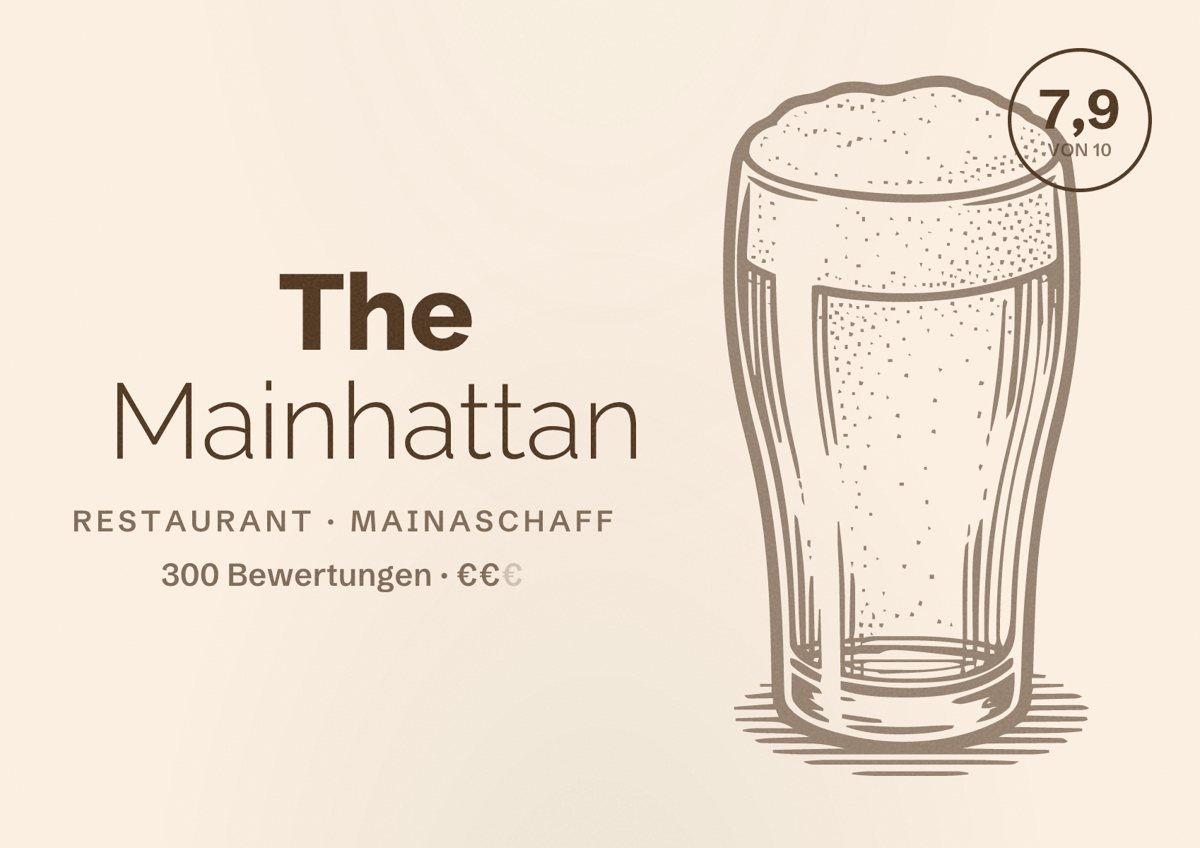 Illustriertes Poster von The Mainhattan, Restaurant in Mainaschaff: Bewertung 7,9 von 10 aus 300 Bewertungen, Preisniveau €€