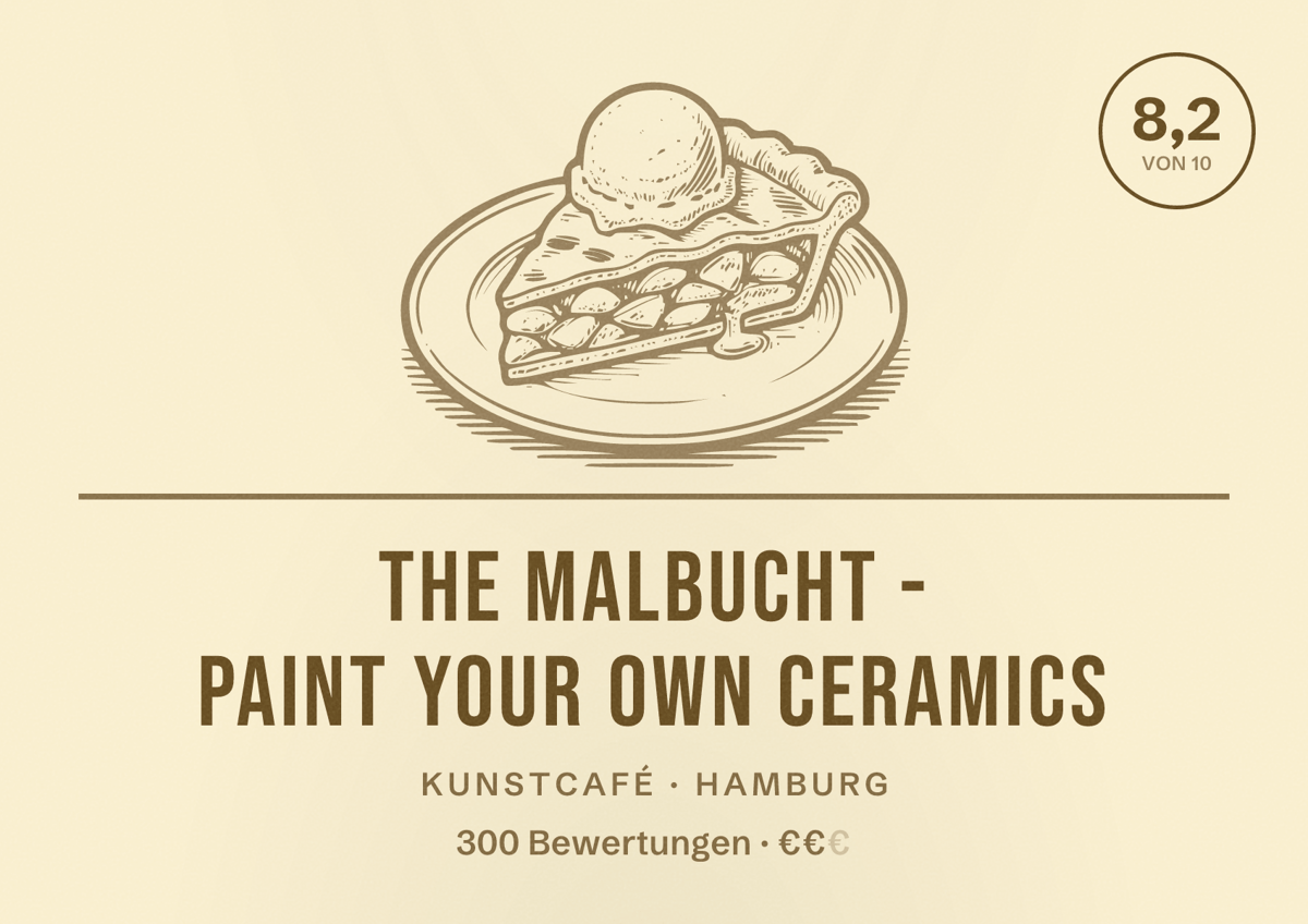 Illustriertes Poster von The Malbucht - paint your own ceramics, Kunstcafé in Hamburg: Bewertung 8,2 von 10 aus 300 Bewertungen, Preisniveau €€