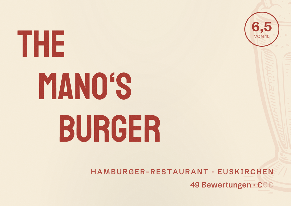 Illustriertes Poster von The Mano‘s Burger, Hamburger-Restaurant in Euskirchen: Bewertung 6,5 von 10 aus 49 Bewertungen, Preisniveau €