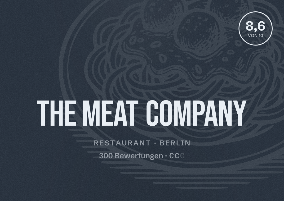Illustriertes Poster von The Meat Company, Restaurant in Berlin: Bewertung 8,6 von 10 aus 300 Bewertungen, Preisniveau €€