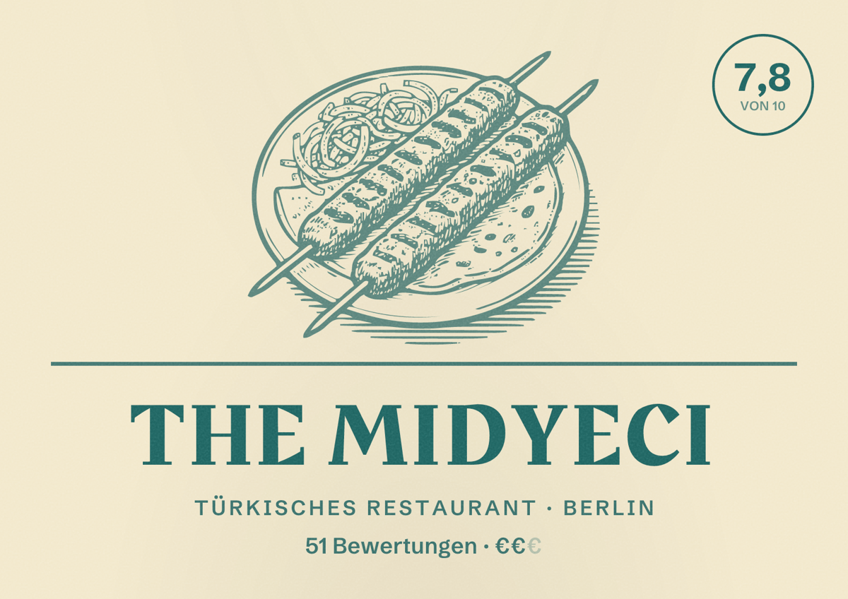 Illustriertes Poster von The Midyeci, Türkisches Restaurant in Berlin: Bewertung 7,8 von 10 aus 51 Bewertungen, Preisniveau €€