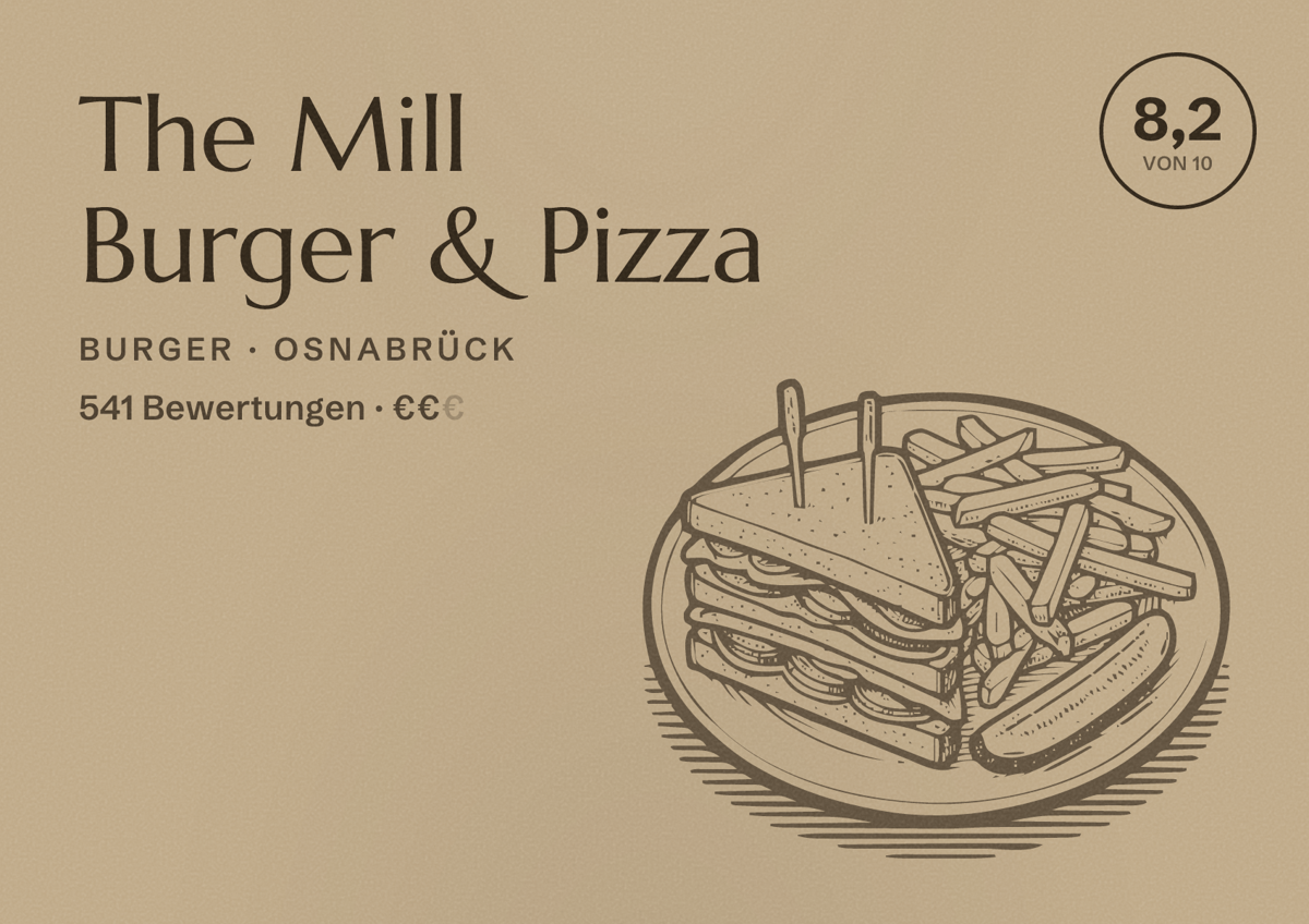 Illustriertes Poster von The Mill Burger & Pizza, Burger in Osnabrück: Bewertung 8,2 von 10 aus 541 Bewertungen, Preisniveau €€