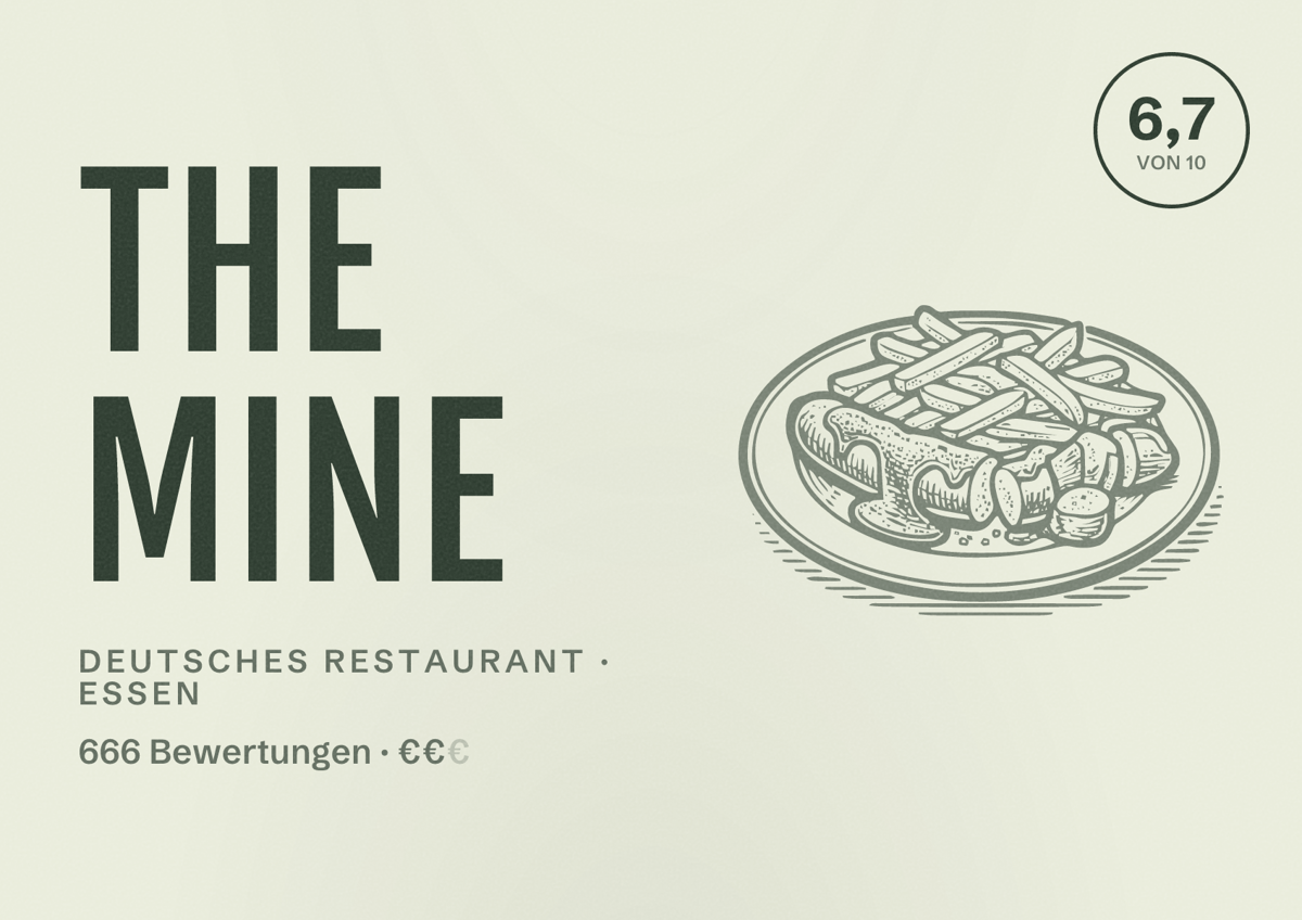 Illustriertes Poster von The Mine, Deutsches Restaurant in Essen: Bewertung 6,7 von 10 aus 666 Bewertungen, Preisniveau €€