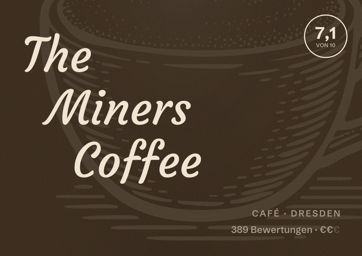 Illustriertes Poster von The Miners Coffee, Café in Dresden: Bewertung 7,1 von 10 aus 389 Bewertungen, Preisniveau €€