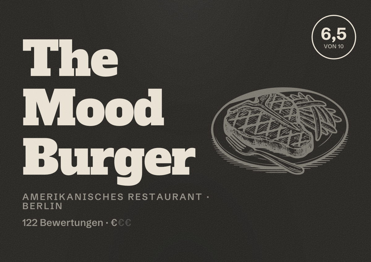 Illustriertes Poster von The Mood Burger, Amerikanisches Restaurant in Berlin: Bewertung 6,5 von 10 aus 122 Bewertungen, Preisniveau €