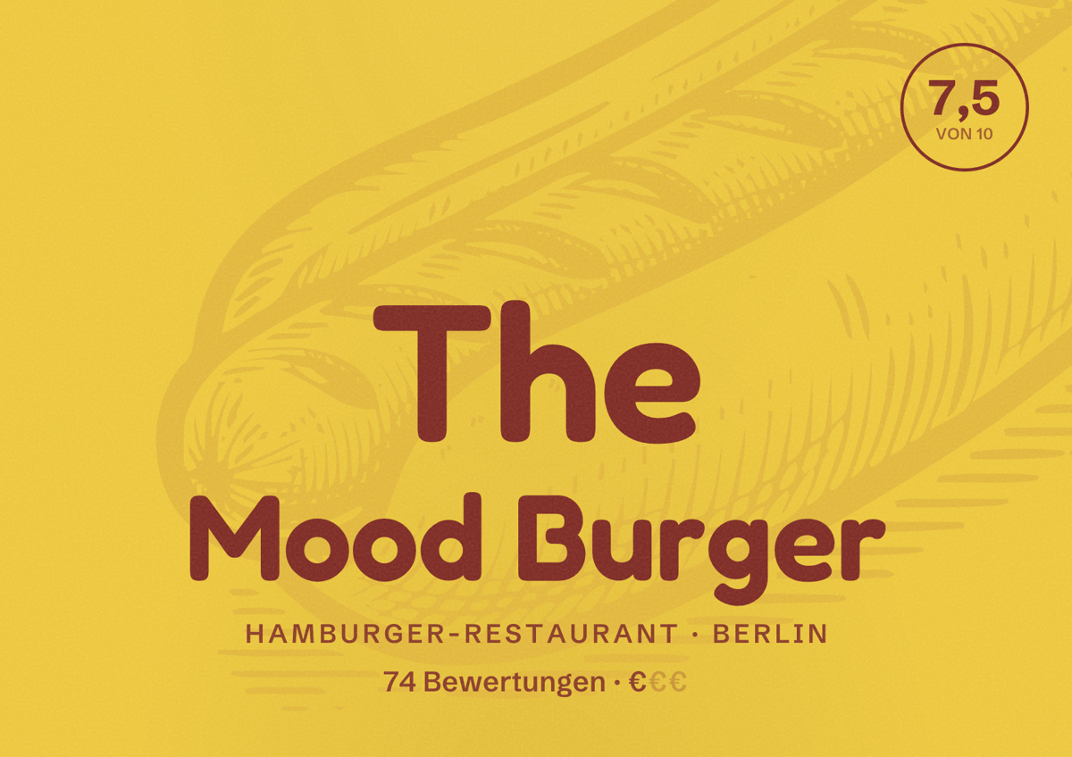 Illustriertes Poster von The Mood Burger, Hamburger-Restaurant in Berlin: Bewertung 7,5 von 10 aus 74 Bewertungen, Preisniveau €