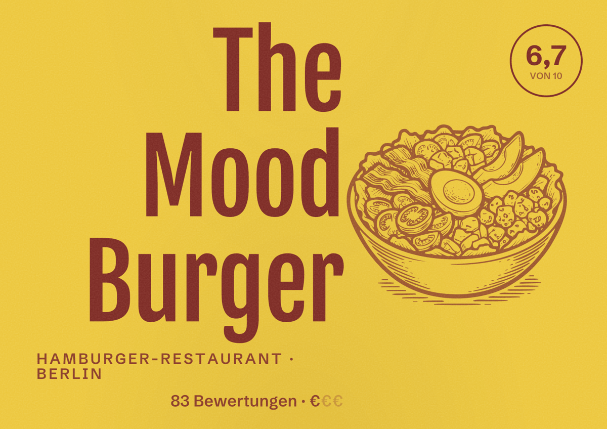 Illustriertes Poster von The Mood Burger, Hamburger-Restaurant in Berlin: Bewertung 6,7 von 10 aus 83 Bewertungen, Preisniveau €