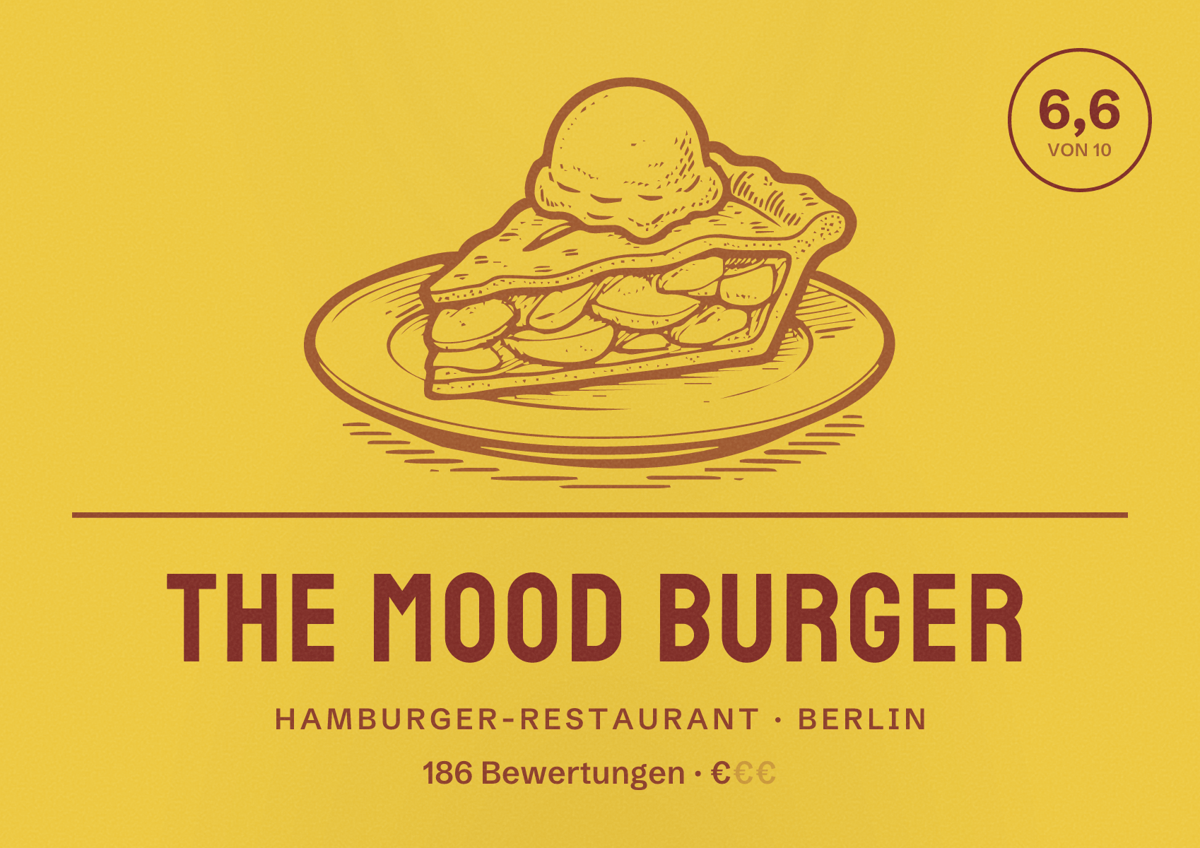 Illustriertes Poster von The Mood Burger, Hamburger-Restaurant in Berlin: Bewertung 6,6 von 10 aus 186 Bewertungen, Preisniveau €