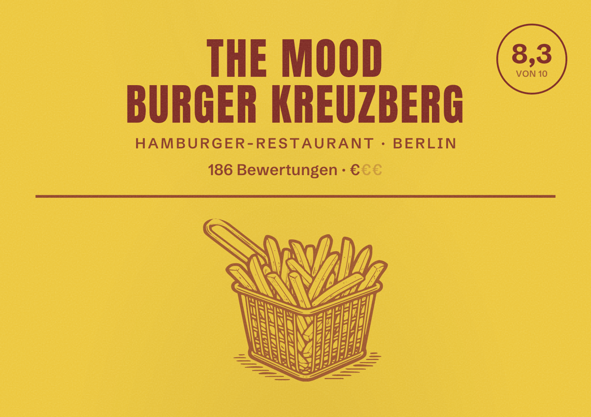 Illustriertes Poster von The Mood Burger Kreuzberg, Hamburger-Restaurant in Berlin: Bewertung 8,3 von 10 aus 186 Bewertungen, Preisniveau €