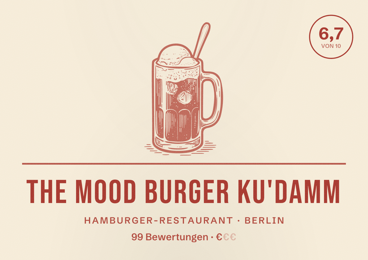 Illustriertes Poster von The Mood Burger Ku'damm, Hamburger-Restaurant in Berlin: Bewertung 6,7 von 10 aus 99 Bewertungen, Preisniveau €