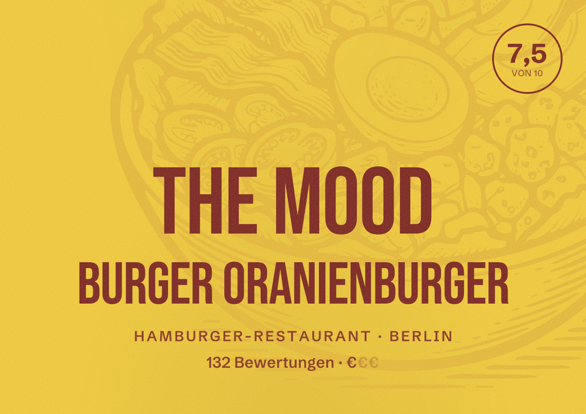 Illustriertes Poster von The Mood Burger Oranienburger, Hamburger-Restaurant in Berlin: Bewertung 7,5 von 10 aus 132 Bewertungen, Preisniveau €