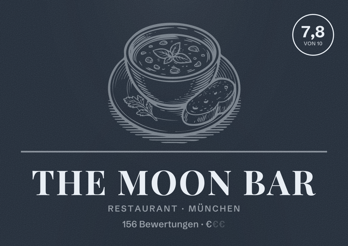 Illustriertes Poster von The Moon Bar, Restaurant in München: Bewertung 7,8 von 10 aus 156 Bewertungen, Preisniveau €