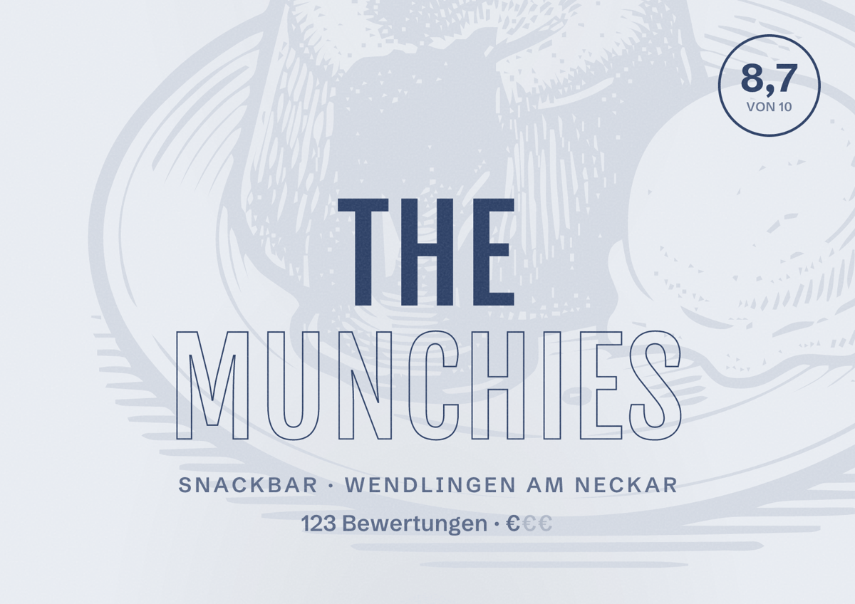 Illustriertes Poster von The Munchies, Snackbar in Wendlingen am Neckar: Bewertung 8,7 von 10 aus 123 Bewertungen, Preisniveau €