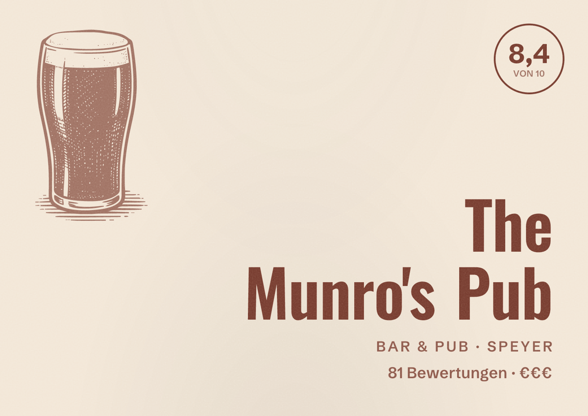 Illustriertes Poster von The Munro's Pub, Bar & Pub in Speyer: Bewertung 8,4 von 10 aus 81 Bewertungen, Preisniveau €€€