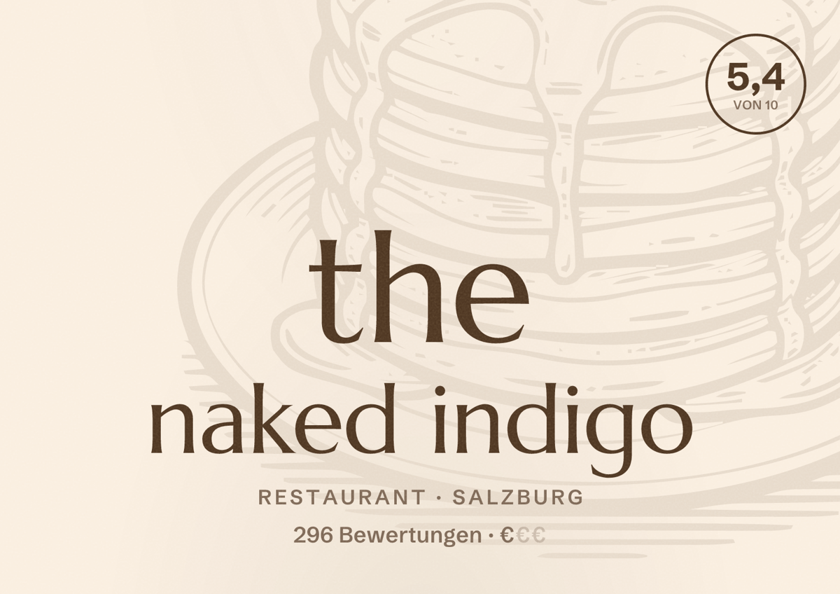 Illustriertes Poster von the naked indigo, Restaurant in Salzburg: Bewertung 5,4 von 10 aus 296 Bewertungen, Preisniveau €