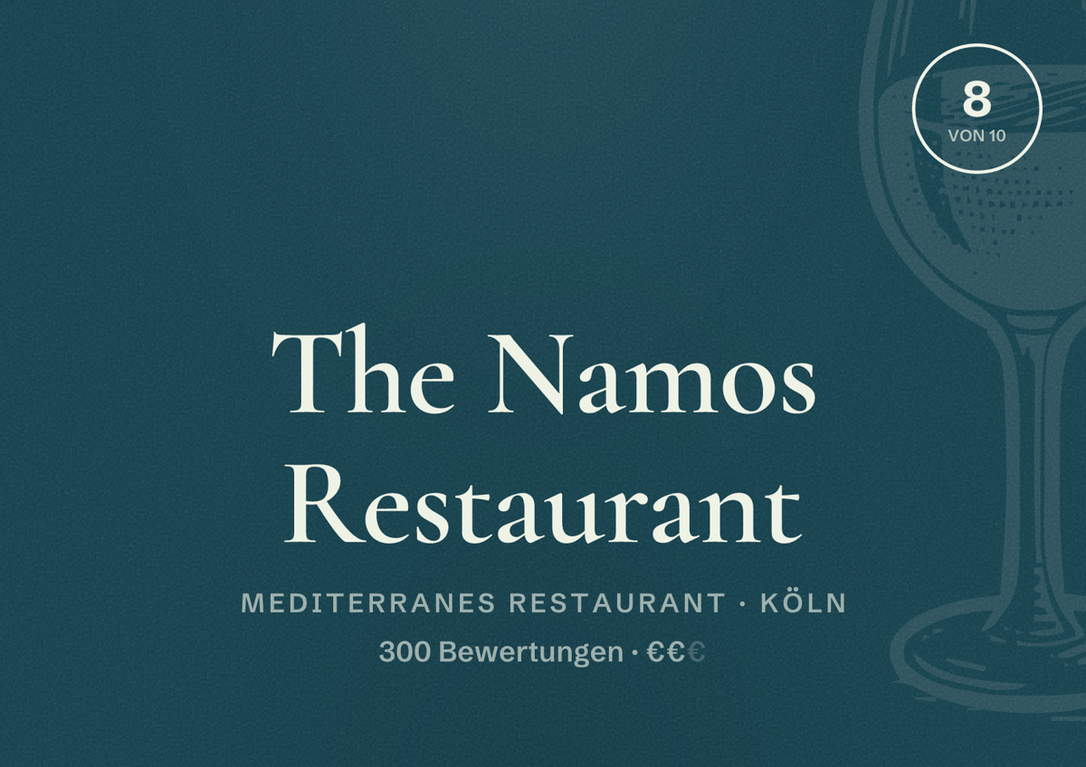 Illustriertes Poster von The Namos Restaurant, Mediterranes Restaurant in Köln: Bewertung 8,0 von 10 aus 300 Bewertungen, Preisniveau €€