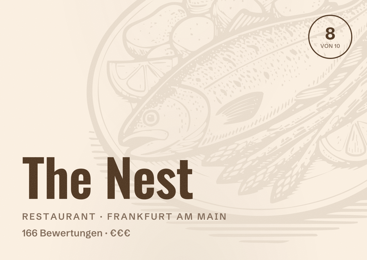 Illustriertes Poster von The Nest, Restaurant in Frankfurt am Main: Bewertung 8,0 von 10 aus 166 Bewertungen, Preisniveau €€€