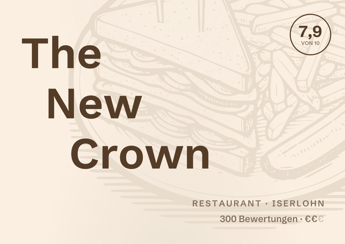 Illustriertes Poster von The New Crown, Restaurant in Iserlohn: Bewertung 7,9 von 10 aus 300 Bewertungen, Preisniveau €€