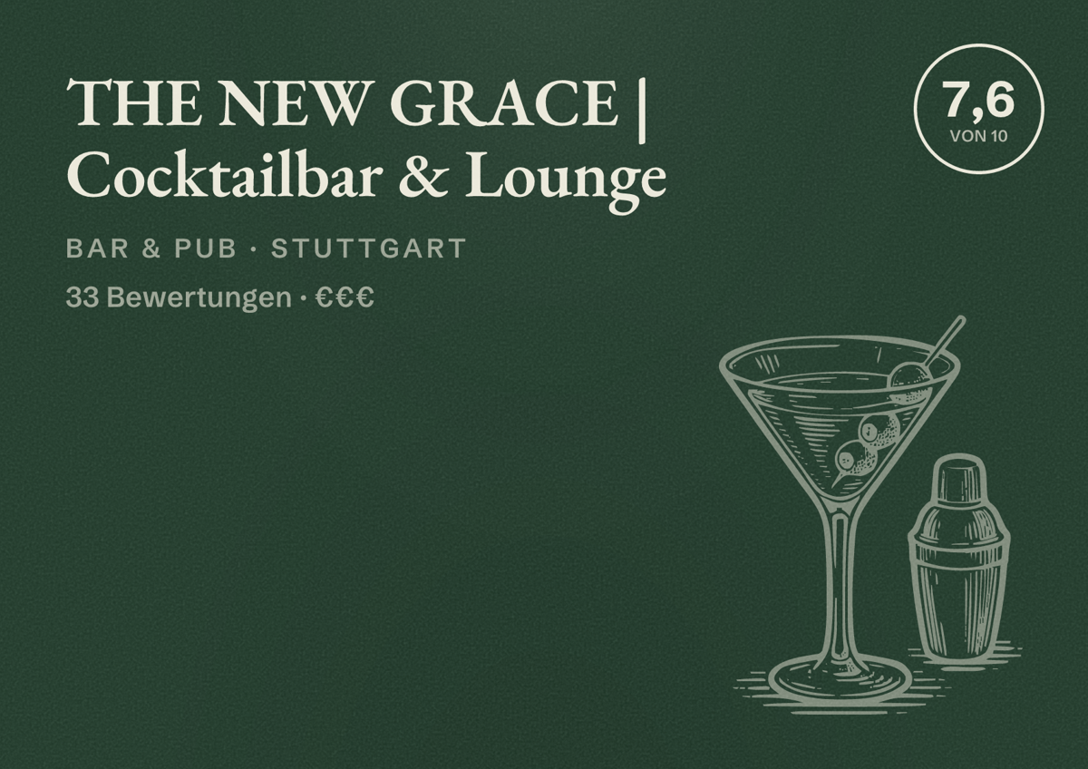 Illustriertes Poster von THE NEW GRACE | Cocktailbar & Lounge, Bar & Pub in Stuttgart: Bewertung 7,6 von 10 aus 33 Bewertungen, Preisniveau €€€