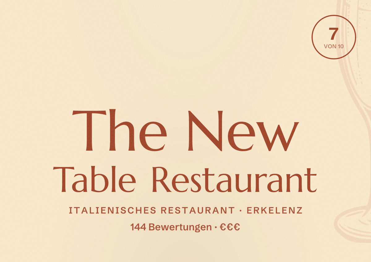 Illustriertes Poster von The New Table Restaurant, Italienisches Restaurant in Erkelenz: Bewertung 7 von 10 aus 144 Bewertungen, Preisniveau €€€
