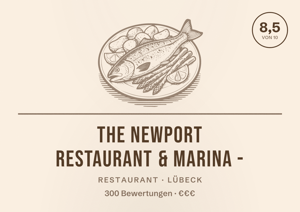 Illustriertes Poster von The Newport Restaurant & Marina -, Restaurant in Lübeck: Bewertung 8,5 von 10 aus 300 Bewertungen, Preisniveau €€€
