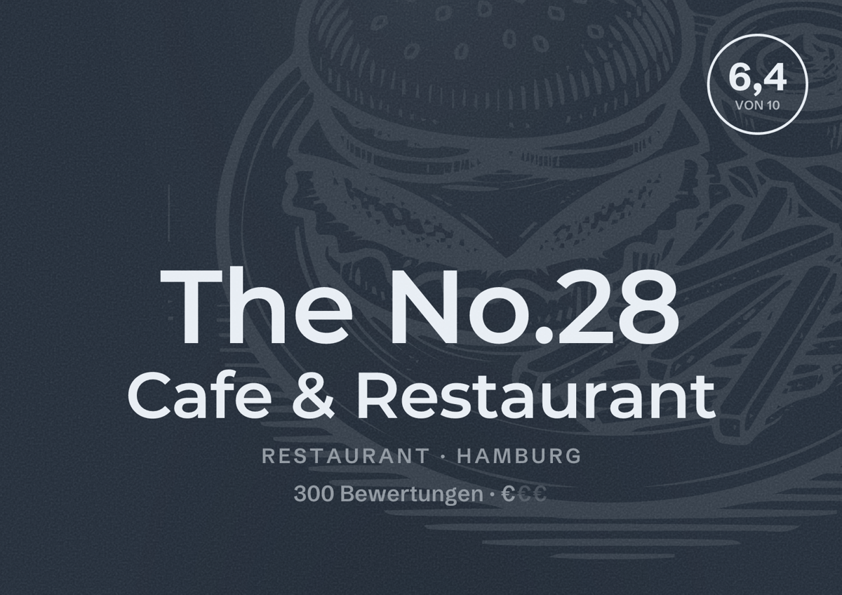 Illustriertes Poster von The No.28 Cafe & Restaurant, Restaurant in Hamburg: Bewertung 6,4 von 10 aus 300 Bewertungen, Preisniveau €
