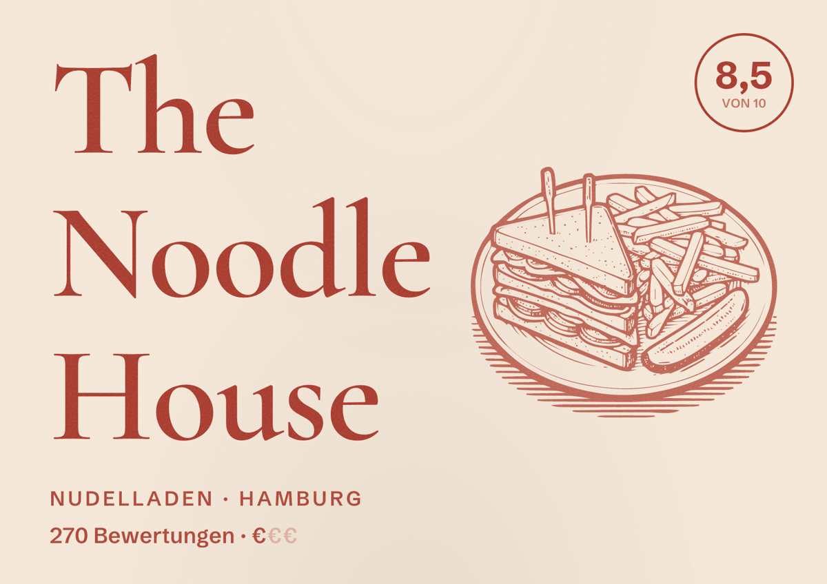 Illustriertes Poster von The Noodle House, Nudelladen in Hamburg: Bewertung 8,5 von 10 aus 270 Bewertungen, Preisniveau €