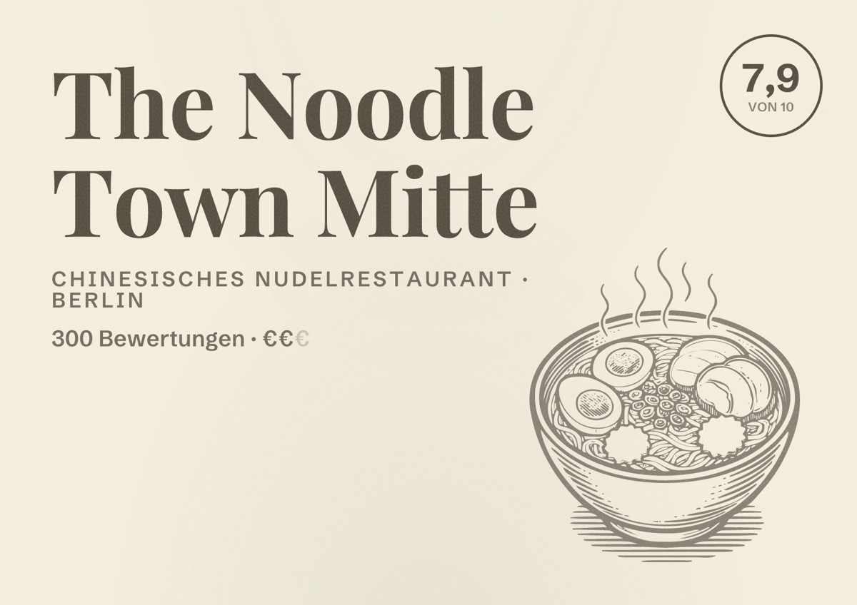 Illustriertes Poster von The Noodle Town Mitte, Chinesisches Nudelrestaurant in Berlin: Bewertung 7,9 von 10 aus 300 Bewertungen, Preisniveau €€