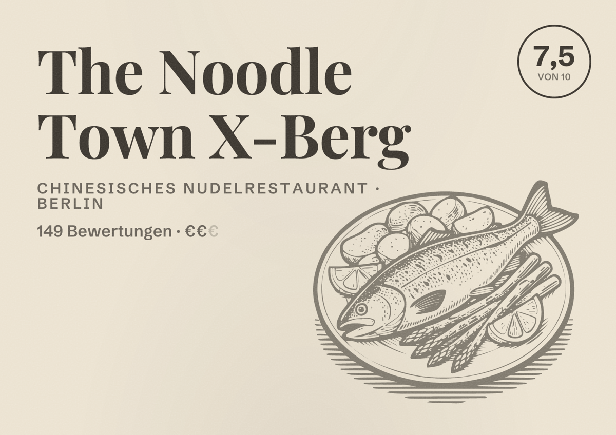 Illustriertes Poster von The Noodle Town X-Berg, Chinesisches Nudelrestaurant in Berlin: Bewertung 7,5 von 10 aus 149 Bewertungen, Preisniveau €€