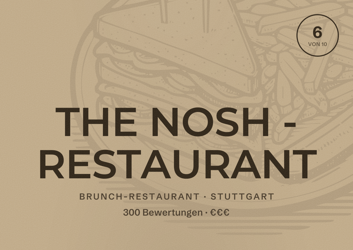 Illustriertes Poster von THE NOSH - RESTAURANT, Brunch-Restaurant in Stuttgart: Bewertung 6 von 10 aus 300 Bewertungen, Preisniveau €€€