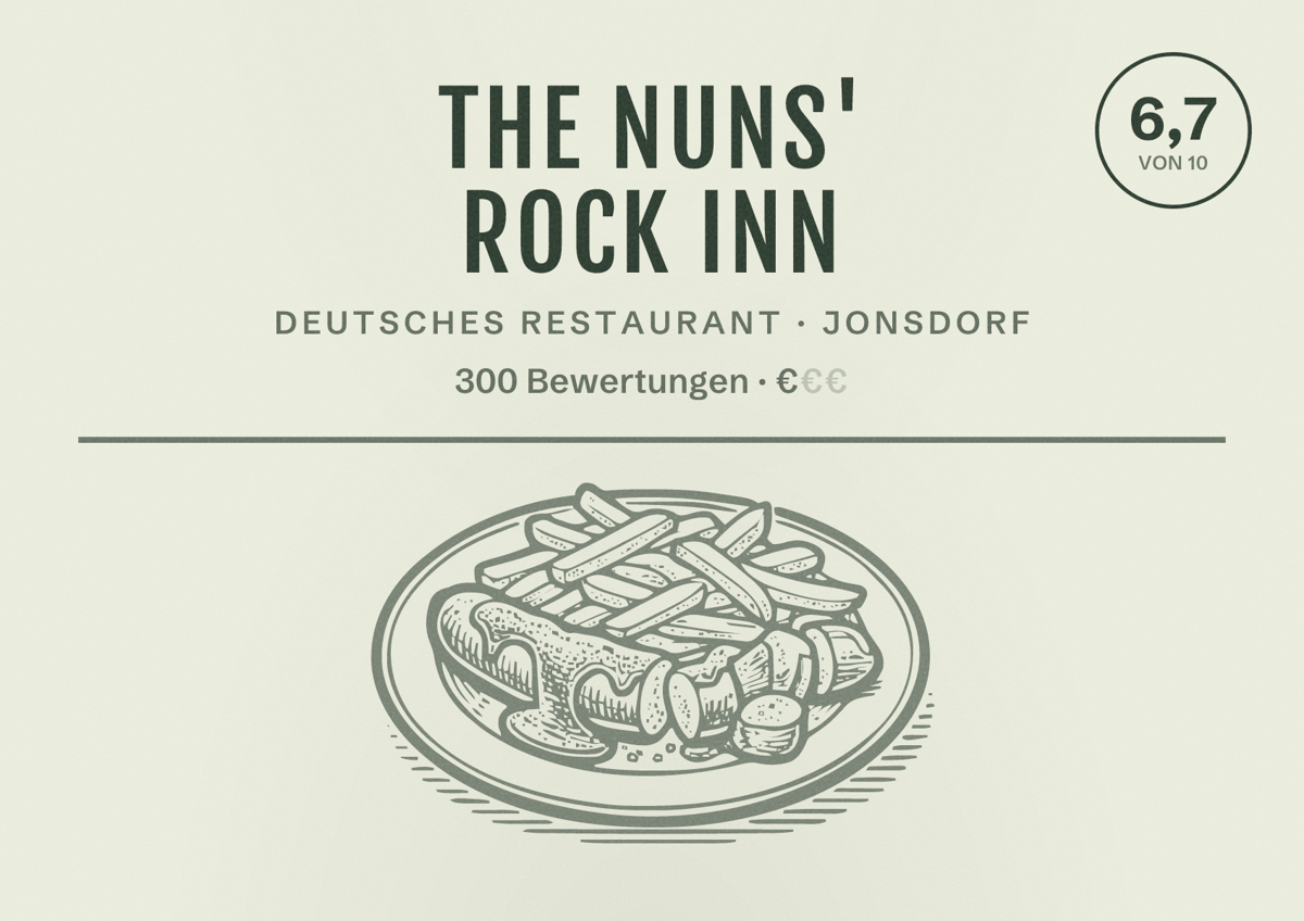 Illustriertes Poster von The Nuns' Rock Inn, Deutsches Restaurant in Jonsdorf: Bewertung 6,7 von 10 aus 300 Bewertungen, Preisniveau €