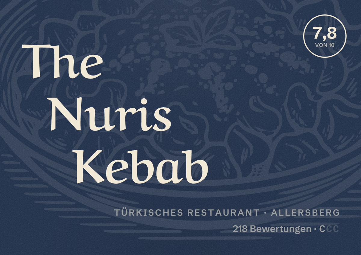 Illustriertes Poster von The Nuris Kebab, Türkisches Restaurant in Allersberg: Bewertung 7,8 von 10 aus 218 Bewertungen, Preisniveau €