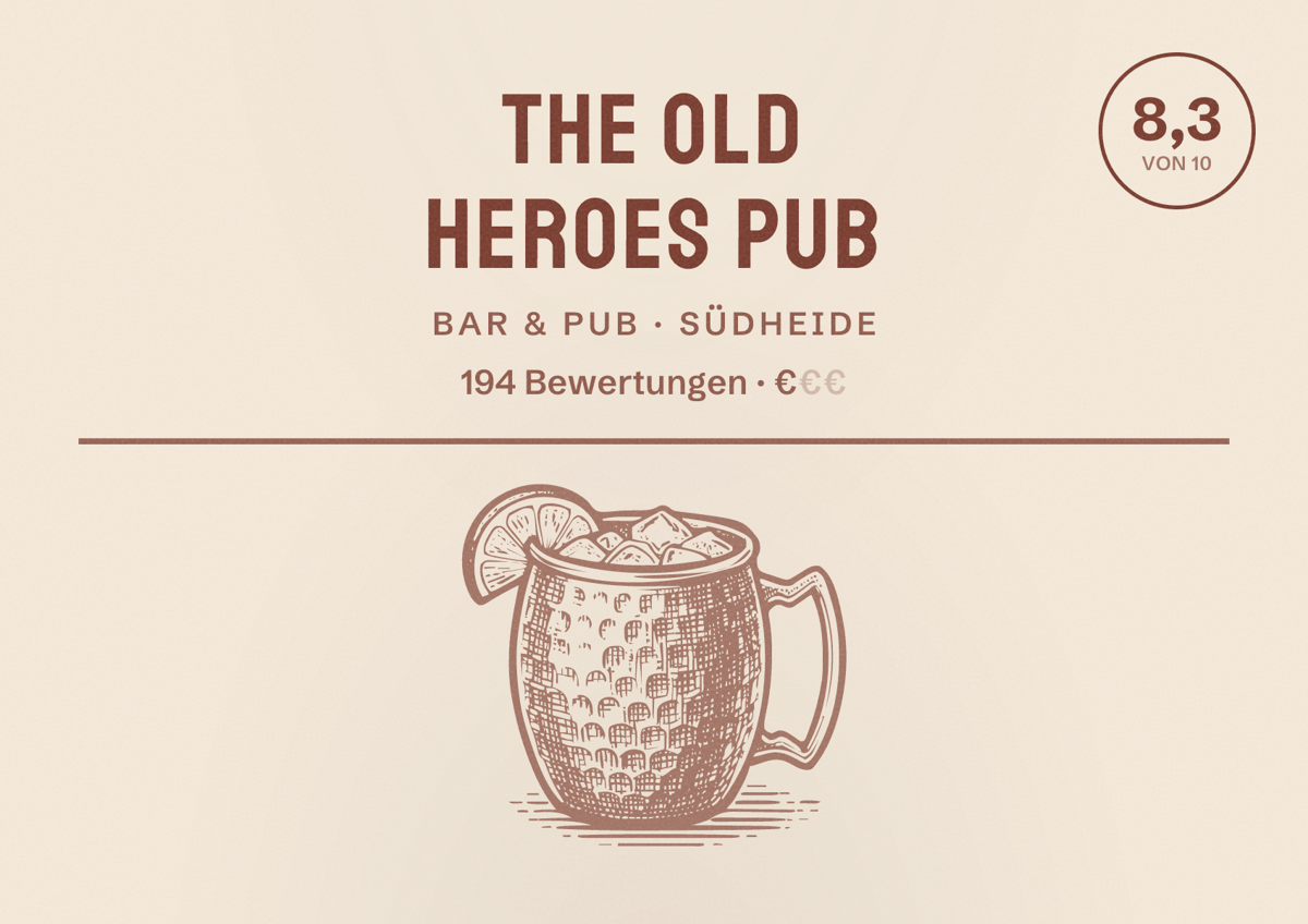 Illustriertes Poster von The Old Heroes Pub, Bar & Pub in Südheide: Bewertung 8,3 von 10 aus 194 Bewertungen, Preisniveau €