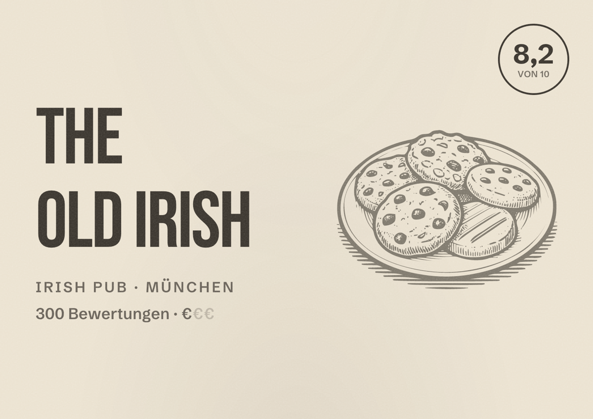 Illustriertes Poster von The Old Irish, Irish Pub in München: Bewertung 8,2 von 10 aus 300 Bewertungen, Preisniveau €