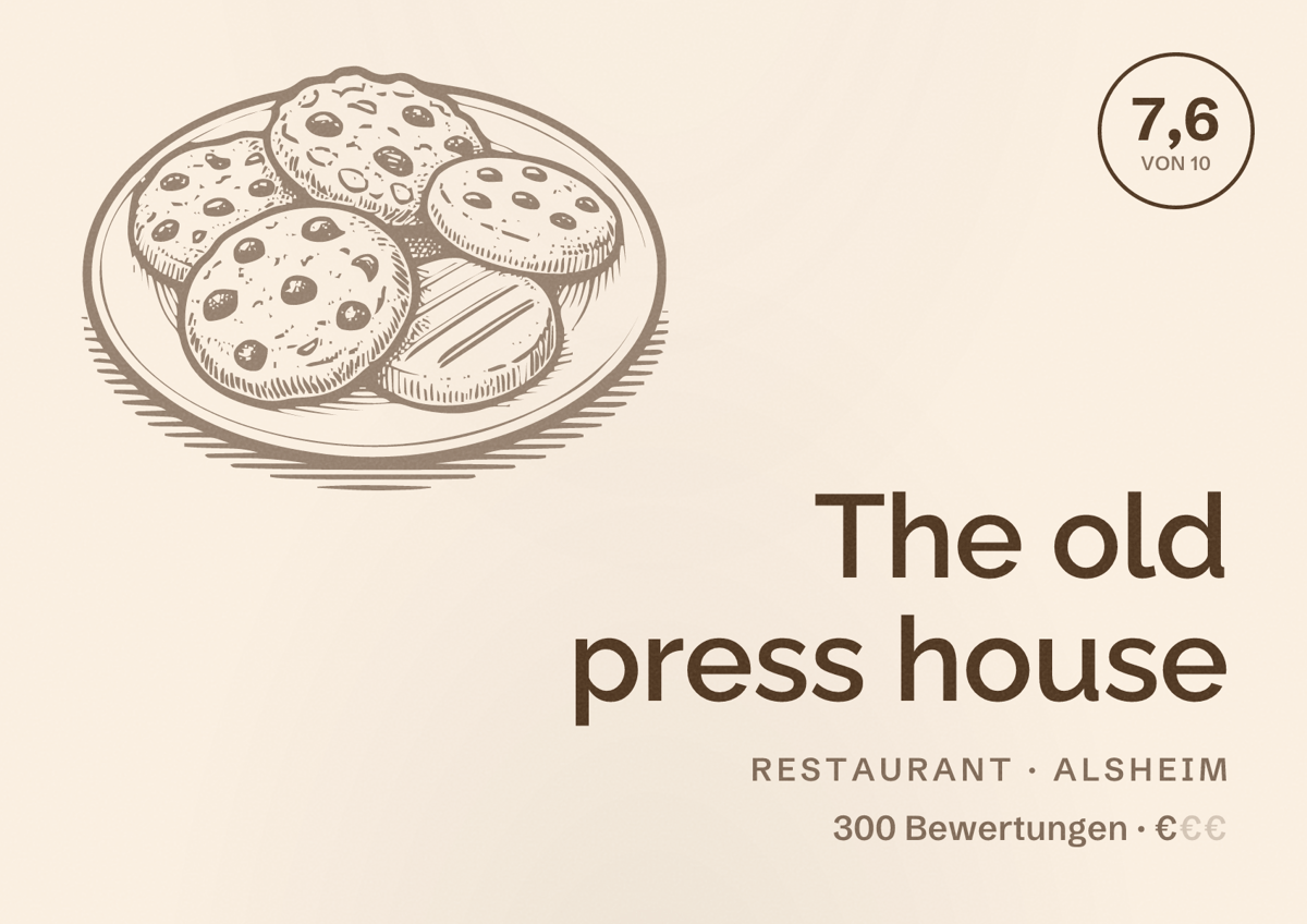 Illustriertes Poster von The old press house, Restaurant in Alsheim: Bewertung 7,6 von 10 aus 300 Bewertungen, Preisniveau €