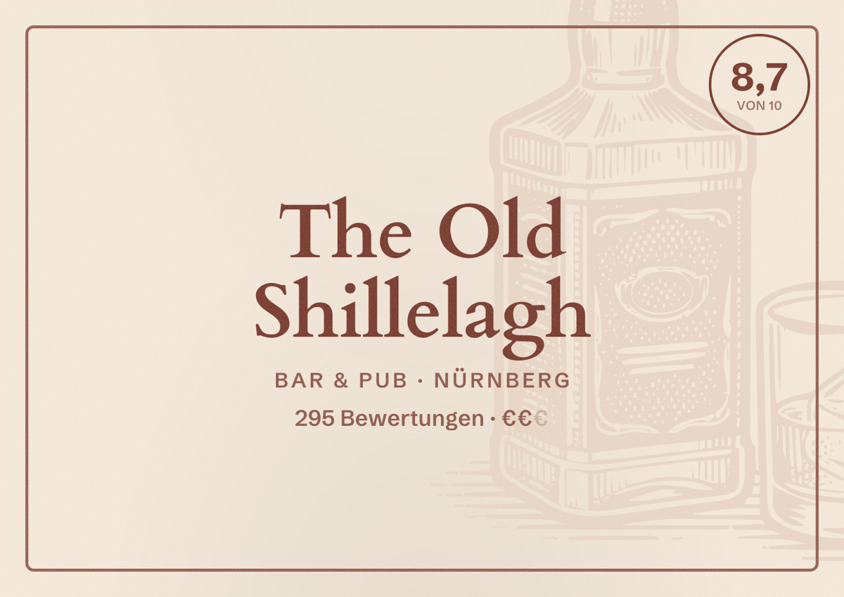 Illustriertes Poster von The Old Shillelagh, Bar & Pub in Nürnberg: Bewertung 8,7 von 10 aus 295 Bewertungen, Preisniveau €€