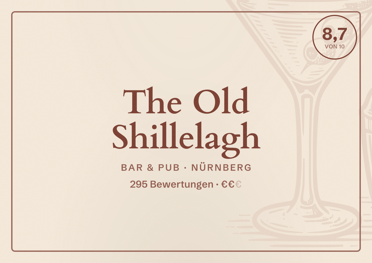 Illustriertes Poster von The Old Shillelagh, Bar & Pub in Nürnberg: Bewertung 8,7 von 10 aus 295 Bewertungen, Preisniveau €€