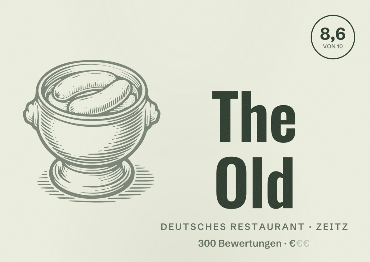 Illustriertes Poster von The Old, Deutsches Restaurant in Zeitz: Bewertung 8,6 von 10 aus 300 Bewertungen, Preisniveau €