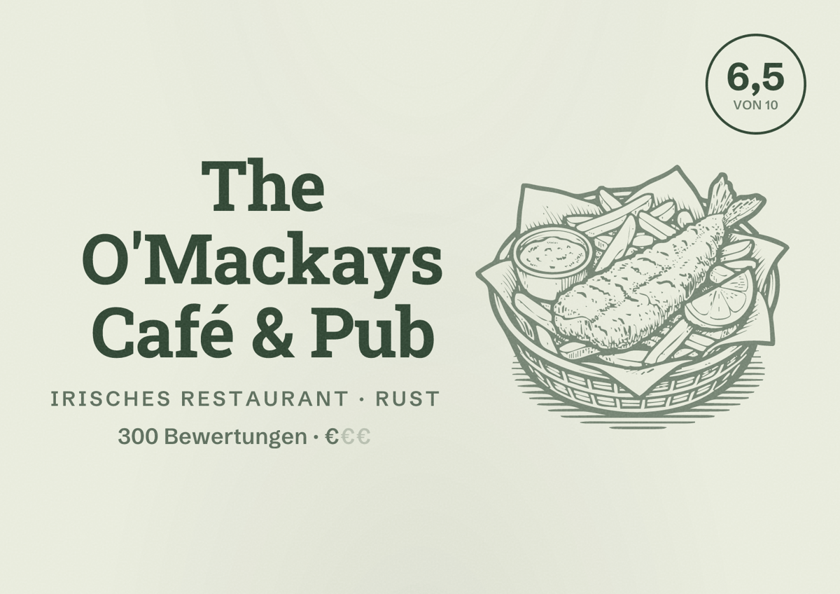 Illustriertes Poster von The O'Mackays Café & Pub, Irisches Restaurant in Rust: Bewertung 6,5 von 10 aus 300 Bewertungen, Preisniveau €