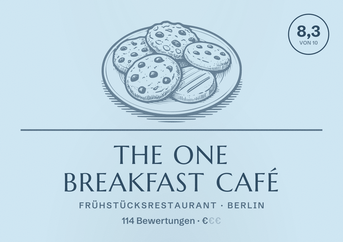 Illustriertes Poster von The One Breakfast Café, Frühstücksrestaurant in Berlin: Bewertung 8,3 von 10 aus 114 Bewertungen, Preisniveau €