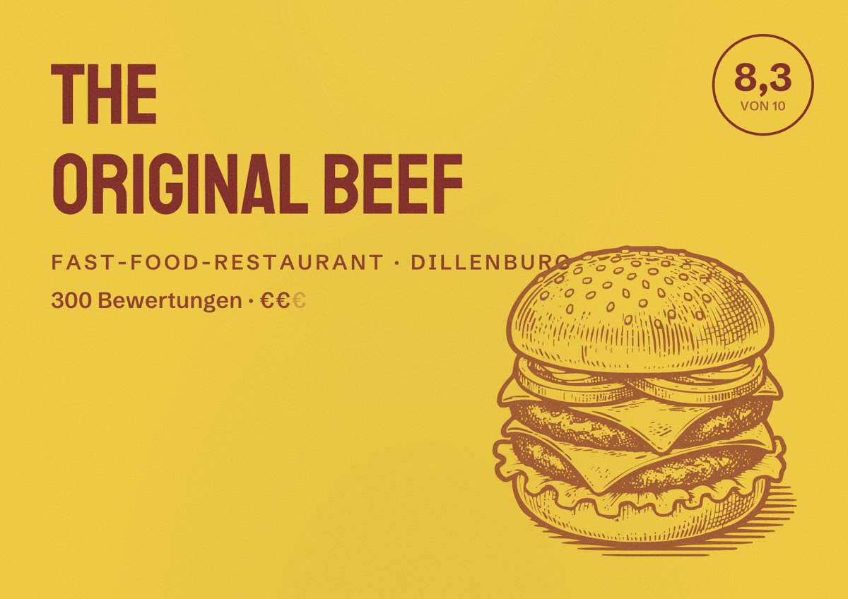 Illustriertes Poster von The Original Beef, Fast-Food-Restaurant in Dillenburg: Bewertung 8,3 von 10 aus 300 Bewertungen, Preisniveau €€