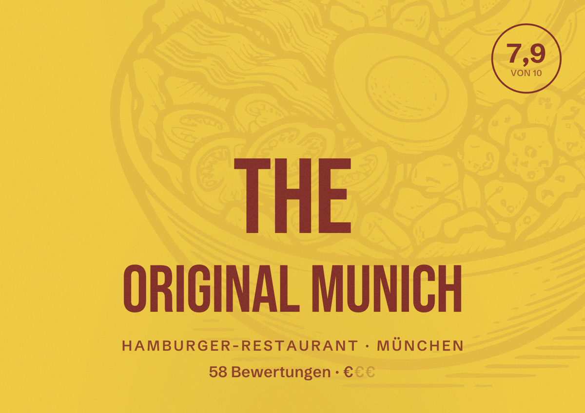 Illustriertes Poster von The Original Munich, Hamburger-Restaurant in München: Bewertung 7,9 von 10 aus 58 Bewertungen, Preisniveau €