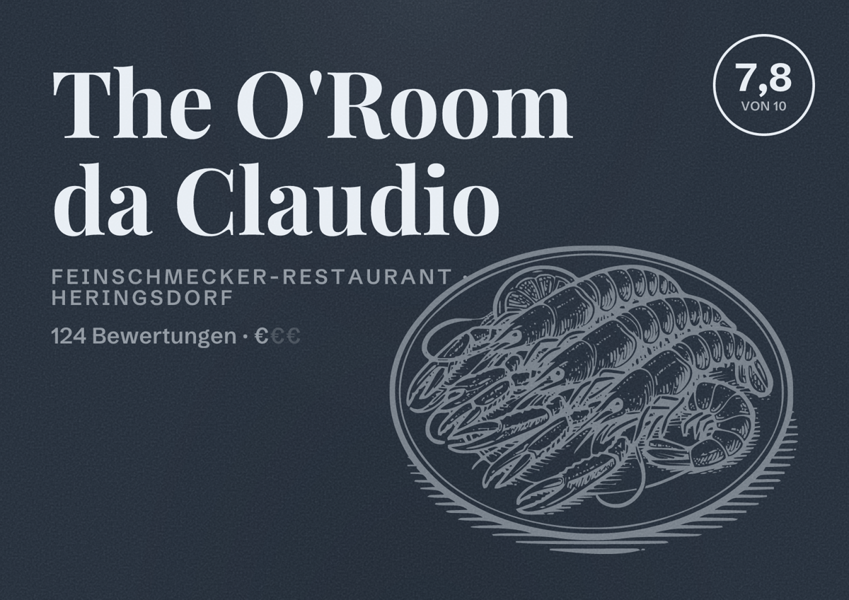 Illustriertes Poster von The O'Room da Claudio, Feinschmecker-Restaurant in Heringsdorf: Bewertung 7,8 von 10 aus 124 Bewertungen, Preisniveau €